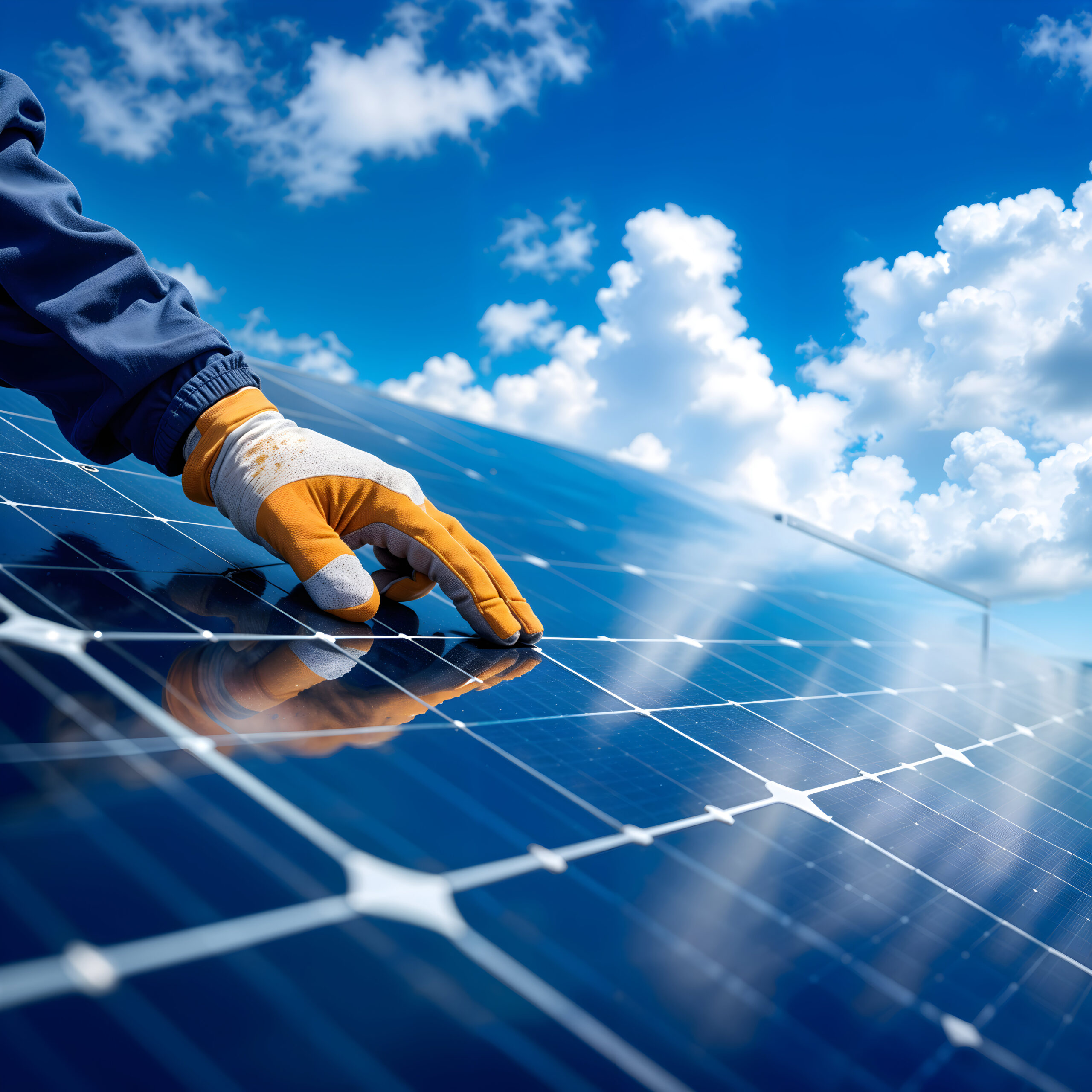 CloseUp of Technician Installing Photovoltaic Solar Panel System Under Blue Sky Alternative Energ