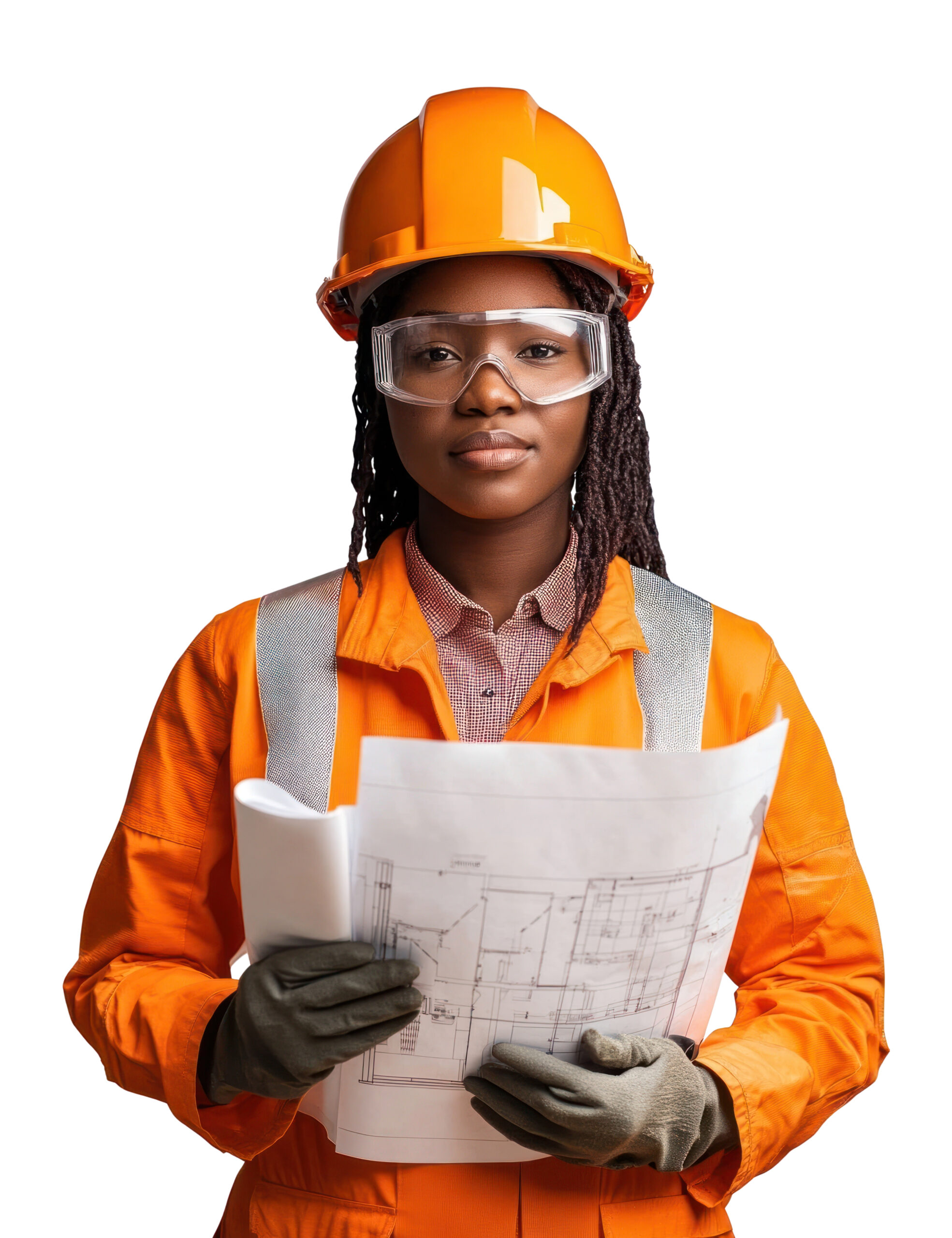 Confident Black Woman Engineer in Safety Gear Holding Blueprints