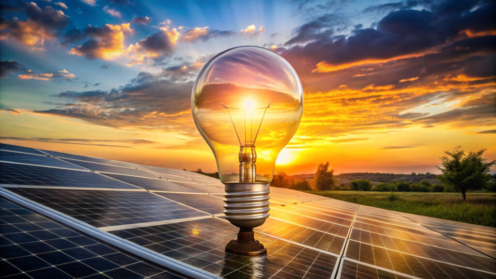 Solar Energy Panels in Light Bulb at Sunset