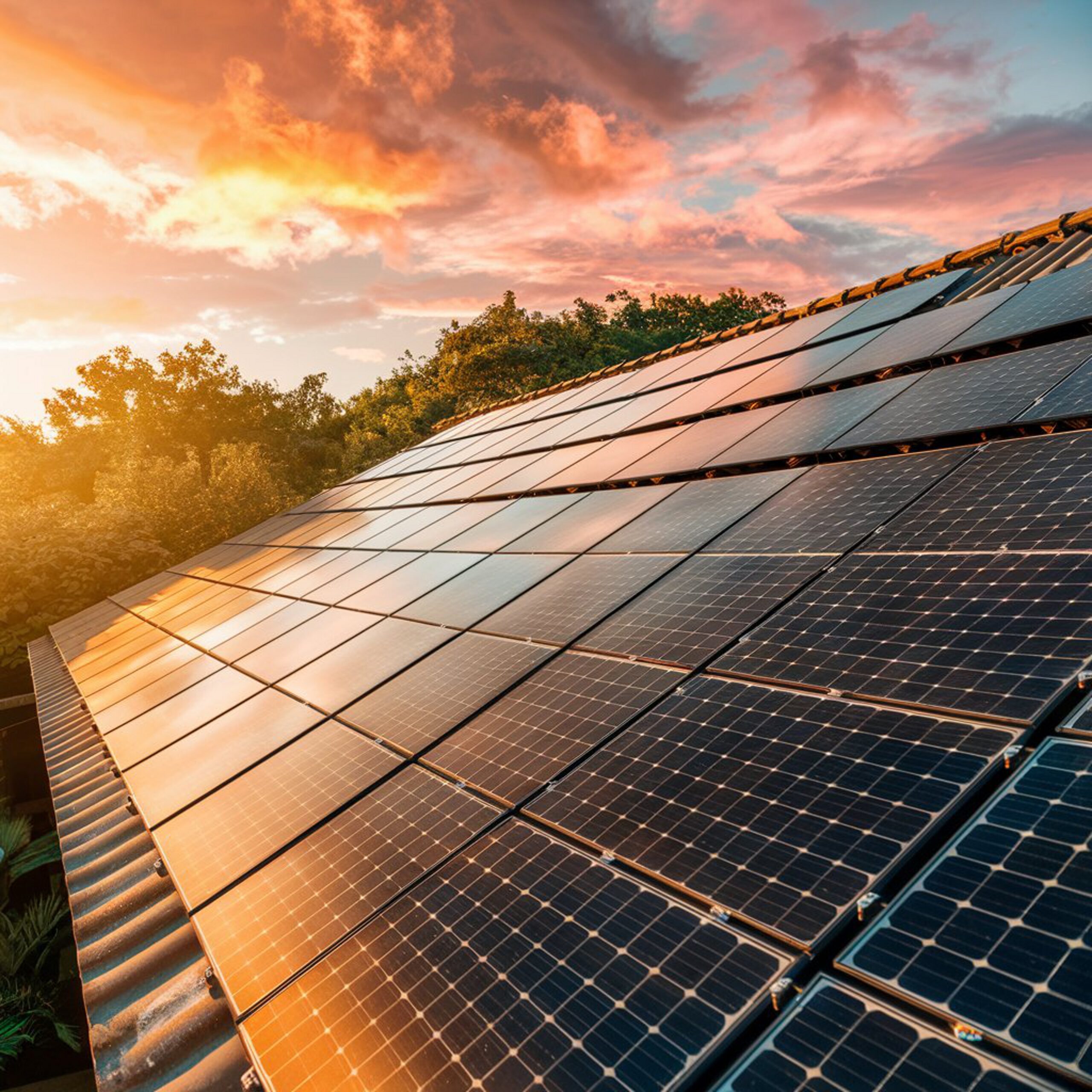 a solar panel on a roof with the sun setting behind it