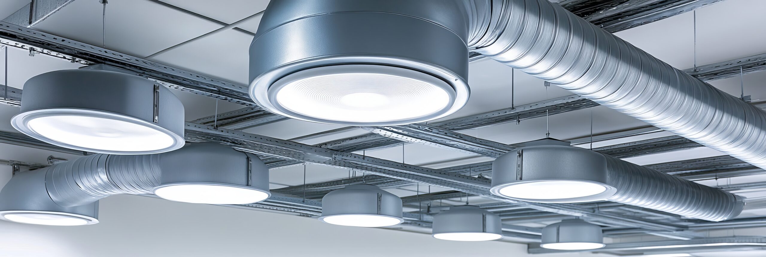 Ventilation System With Round Ceiling Diffusers and Spiral Pipe Modern Industrial Building Interior